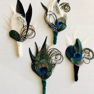 Peacock Feather Boutonniere Ivory Emerald Green Black Great Gatsby Wedding Groom Velvet Lapel Pin Prom Gala Special Event Corsage image 3
