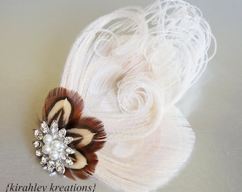 Peacock and Pheasant Hair Clip | Country Wedding | Rustic Bridal Hairpiece | Ivory Feather Comb | Bride Bridesmaid Pearl Rhinestone Corsage