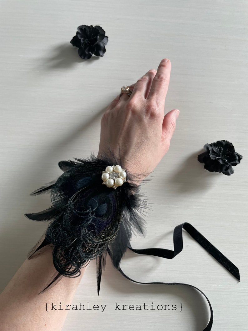 Black Peacock Feather Hair Clip Dark Wedding Fascinator Great Gatsby Holiday Hairpiece Rhinestone Corsage Goth Halloween Headpiece image 3