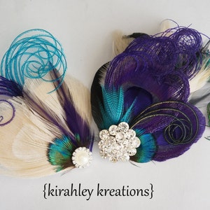 Purple Peacock Sword Feather Hair Clip Teal Green Black Ivory Bridal Fascinator Bridesmaid Wedding Great Gatsby Headpiece Prom Corsage image 4