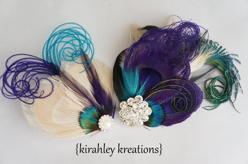 Purple Peacock Sword Feather Hair Clip Teal Green Black Ivory Bridal Fascinator Bridesmaid Wedding Great Gatsby Headpiece Prom Corsage image 4
