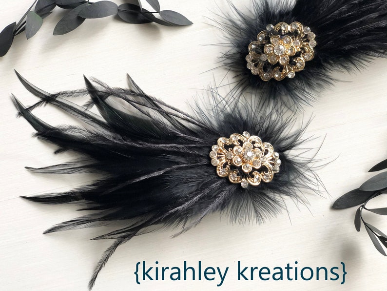 Black Feather Hair Clip Gold Rhinestone Hairpiece Great Gatsby Wedding Flapper Headpiece Black Shoe Clips Bridal Ostrich Clip image 1