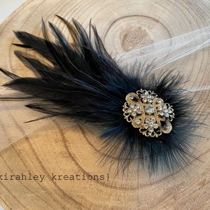 Zwarte veren haarclip Gouden strass haarstukje Grote Gatsby-bruiloft Flapper-zendspoel Zwarte schoenclips Bruids Struisvogel Clip afbeelding 9