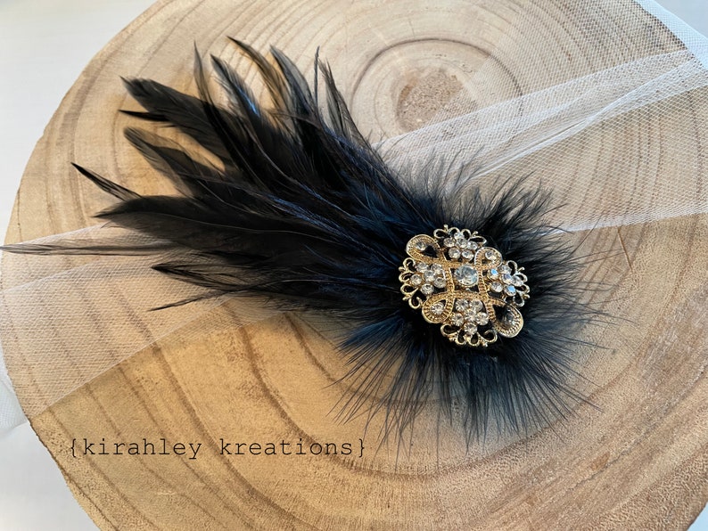 Black Feather Hair Clip Gold Rhinestone Hairpiece Great Gatsby Wedding Flapper Headpiece Black Shoe Clips Bridal Ostrich Clip image 9