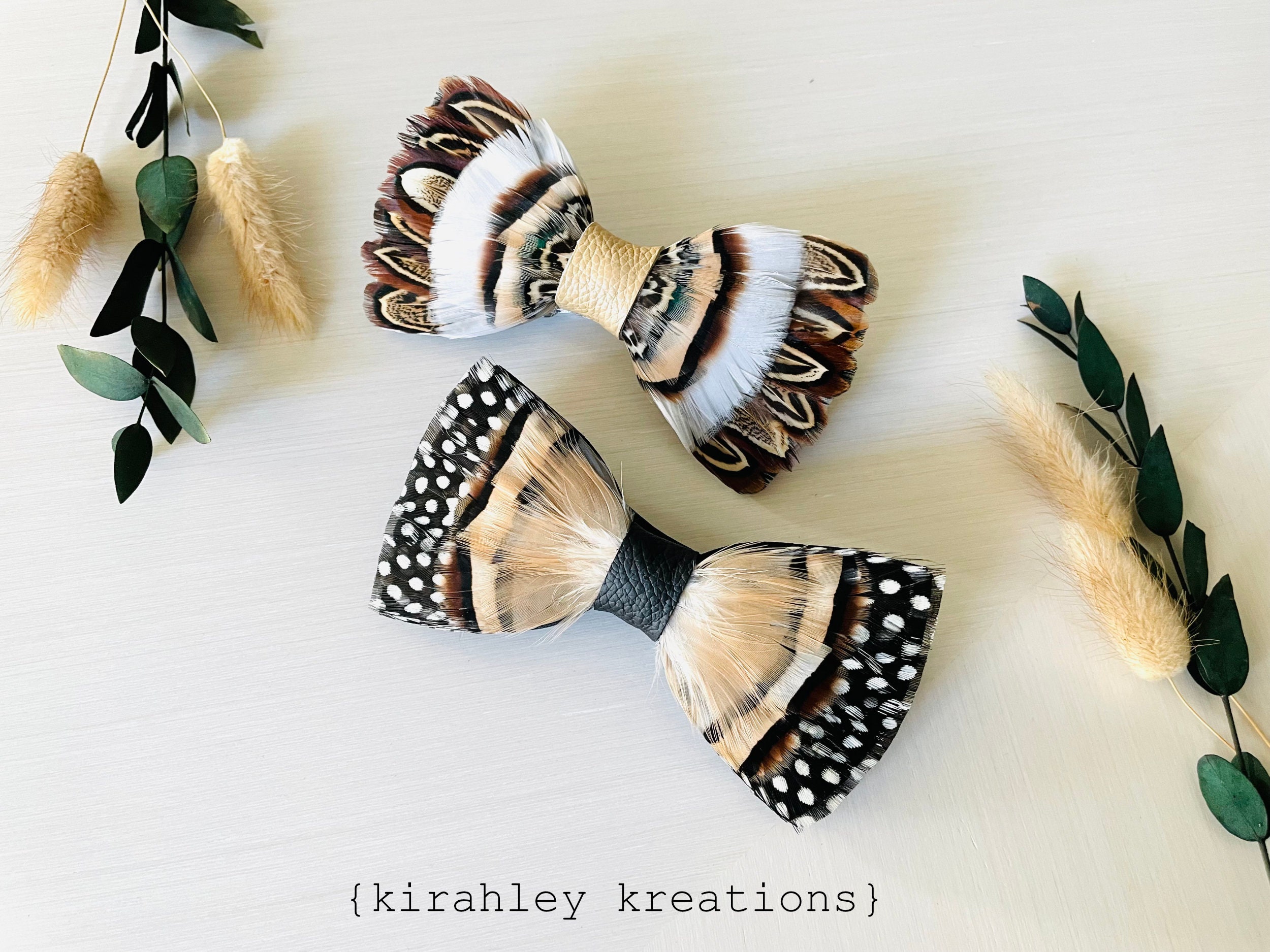 Rustic Feather Bow Tie | Pheasant Partridge Turkey | Bronze Cream Gray Feathers | Hunter Groom Wedding | Men's Leather Neck Tie | Lapel Pin