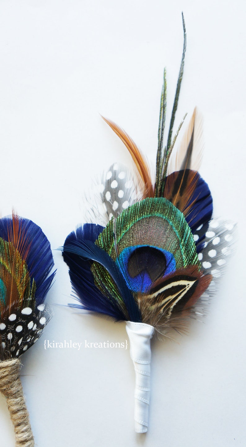 Peacock Feather Boutonniere Navy Blue Groom Wedding Keepsake Groomsmen Lapel Pin Bronze, Burnt Orange, Guinea TRENT Prom Buttonhole image 3