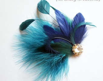 Teal Green & Navy Blue Feather Fascinator | Bride Gatsby Wedding Headpiece | Bridesmaid Flapper Hairpiece | Prom Corsage | Ostrich Hair Clip