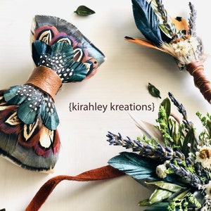 LEIF Rustic Feather Bow Tie Turkey Pheasant Guinea Bronze & Emerald Green Feathers Hunter Groom Wedding Attire Mens Leather Neck Tie image 10