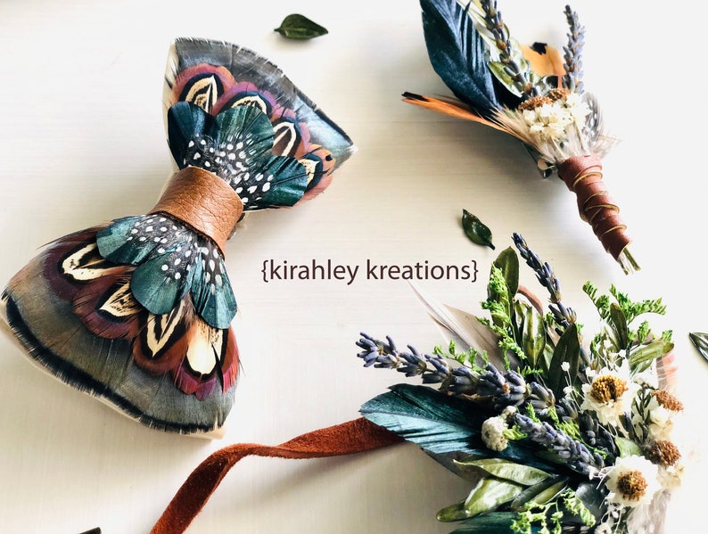 LEIF Rustic Feather Bow Tie Turkey Pheasant Guinea Bronze & Emerald Green Feathers Hunter Groom Wedding Attire Mens Leather Neck Tie image 10