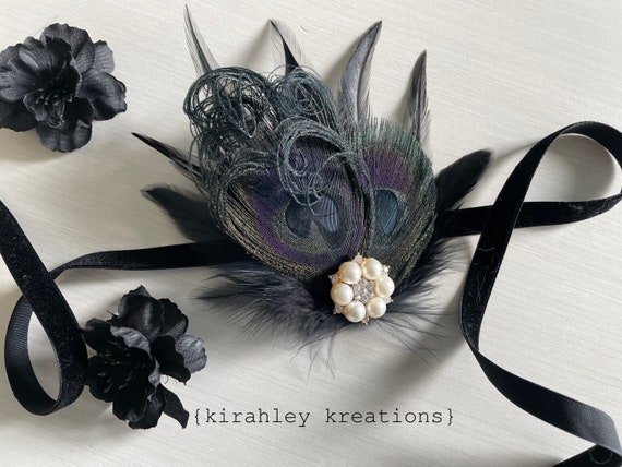 Black Peacock Feather Hair Clip | Dark Wedding Fascinator 