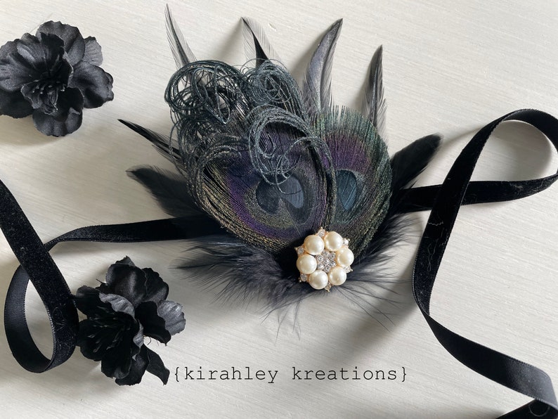 Black Peacock Feather Hair Clip Dark Wedding Fascinator Great Gatsby Holiday Hairpiece Rhinestone Corsage Goth Halloween Headpiece image 5