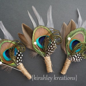 Peacock Boutonniere | Brown Gray Mallard Duck, Guinea Feathers | Groom Wedding Lapel Pin | Prom Buttonhole | Rustic Country Burlap Corsage