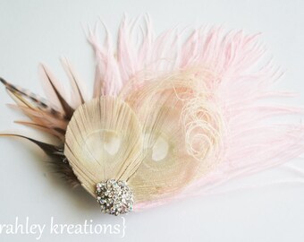 Pink Ostrich Fascinator | Champagne Peacock Feather Comb | Iridescent Rhinestone Bridal Hair Clip | Rustic Wedding Hairpiece | Boho Bride