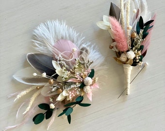 Soft Pink, Dark Green Dried Flower Wrist Corsage | Bridal Bracelet | Groom Boutonniere | Prom Wristlet | Bridesmaids Bouquet Brooch Pin