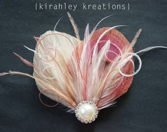 Blush Pink Ivory Peacock Feather Hair Clip | Gatsby Wedding Bridal Headpiece | Pearl Rhinestone Bride Dusty Mauve Bridesmaid Prom Fascinator