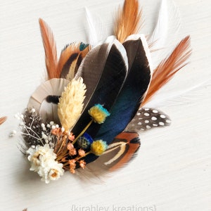 Mallard Feather Wedding Boutonniere Duck Feather Wrist Corsage Groom Pheasant Boutonniere Blue Dried Flowers Rustic Fall Bridal Clip image 8