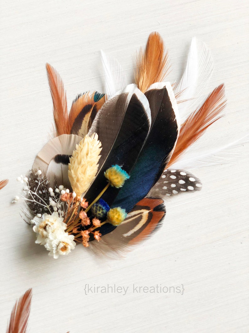 Boutonnière de mariage en plumes de colvert Corsage de poignet en plumes de canard Boutonnière faisan marié Fleurs séchées bleues Pince nuptiale d'automne rustique image 8