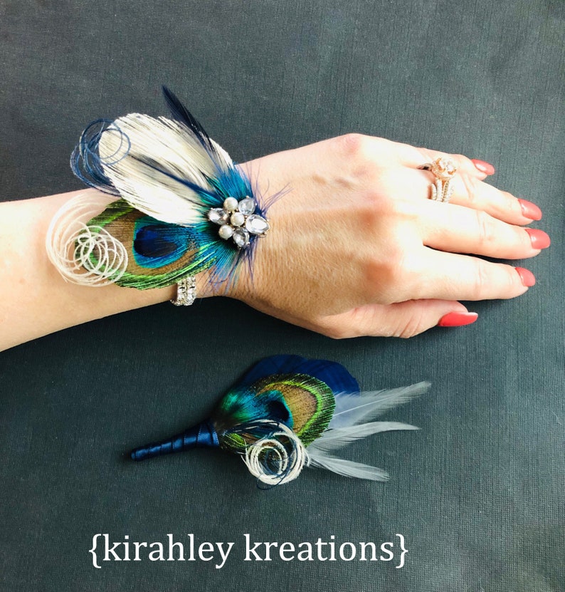 Peacock Feather Wrist Corsage Bridesmaid Rhinestone Bracelet Prom Cuff Wristlet Navy Blue Boutonniere Great Gatsby Hair Clip or Comb image 1