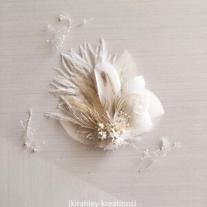 White Ivory Feather and Dried Flower Hairpiece Bridal Hair Comb Skeleton Leaf Hair Clip Babys Breath, Peacock Sword and Herl, Ostrich image 5