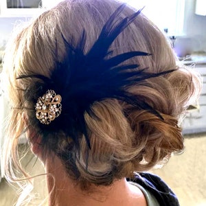 Black Feather Hair Clip | Great Gatsby Wedding, Flapper Headpiece | Black Shoe Clips | Bridal Ostrich Fascinator | Gold Rhinestone Hairpiece