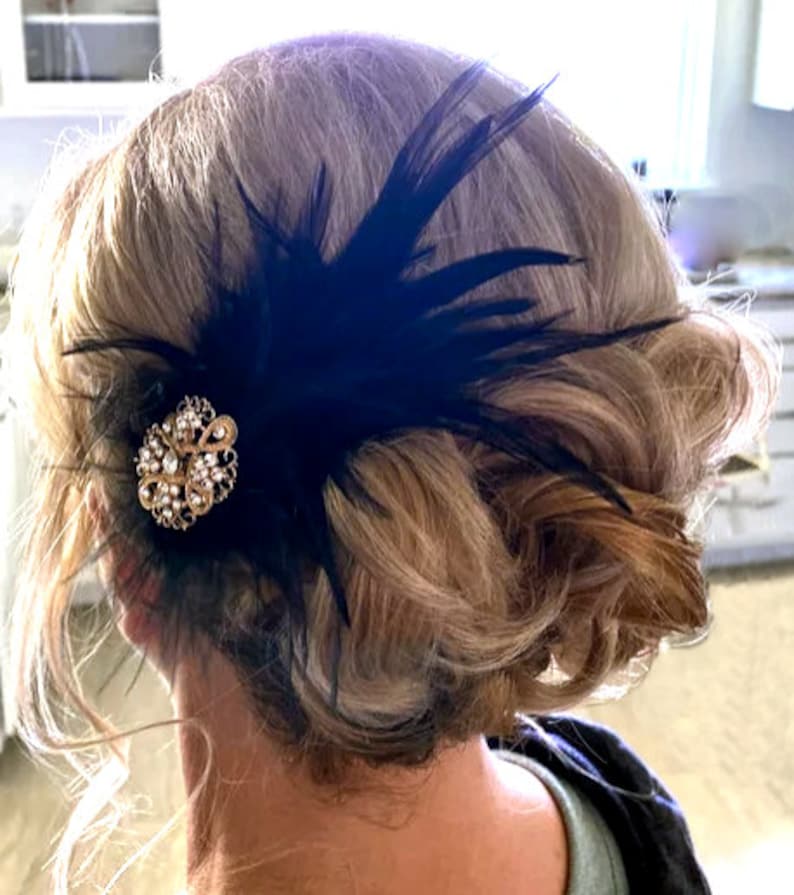 Zwarte veren haarclip Gouden strass haarstukje Grote Gatsby-bruiloft Flapper-zendspoel Zwarte schoenclips Bruids Struisvogel Clip afbeelding 2