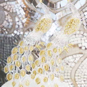 Gold Peacock Wedding Cake Toppers | Feather Anniversary Cake Top | Glittery Birthday Birds Decor | Great Gatsby Bridal Reception Decoration
