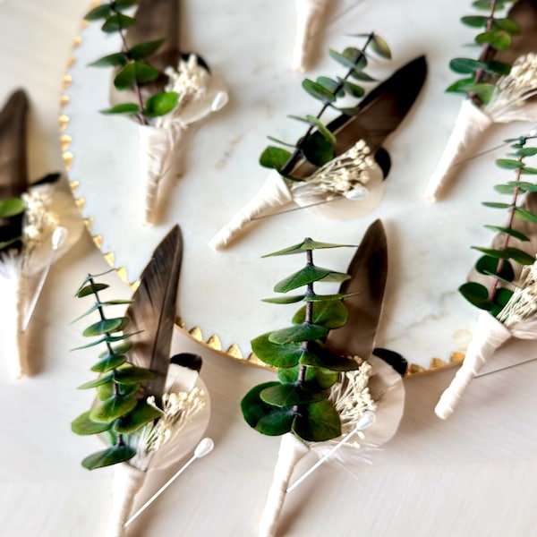 Eucalyptus Wedding Boutonniere | Gray Mallard Duck Feather Lapel Pin | Rustic Green Boutonniere | Groom Fall Keepsake | Ivory Baby's Breath