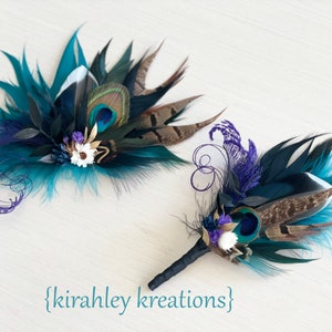 Mallard, Peacock Feather, Dried Flower Hair Clip Teal Blue Black, Purple Hairpiece Jewel Tone Wedding Corsage Rustic Groom Boutonniere image 7