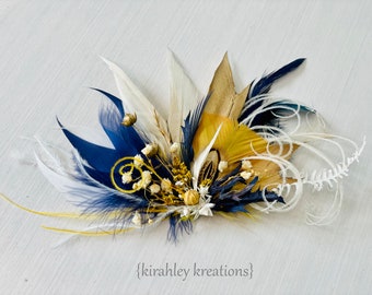 Yellow, Navy and Gold Hairpiece | Feather and Dried Flower Hair Comb | Something Blue Wedding Hairpiece | Groom Boutonniere | Prom Corsage