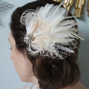 Ivory Champagne Peacock Feather Hair Clip Bride Great Gatsby Wedding Fascinator White Bridal Hairpiece Prom Vintage Rhinestones ULICIA image 9