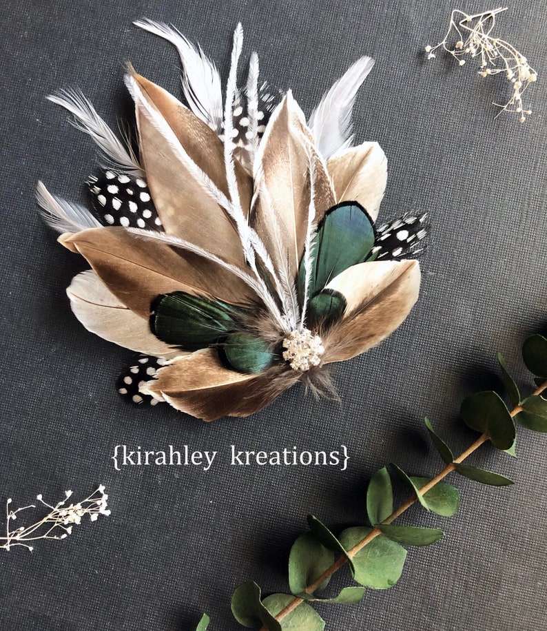 Emerald Green Hair Clip Rustic Wedding Tan Mallard Duck Feather Hairpiece Guinea and Lady Amherst Wrist Corsage Groom Boutonniere image 7