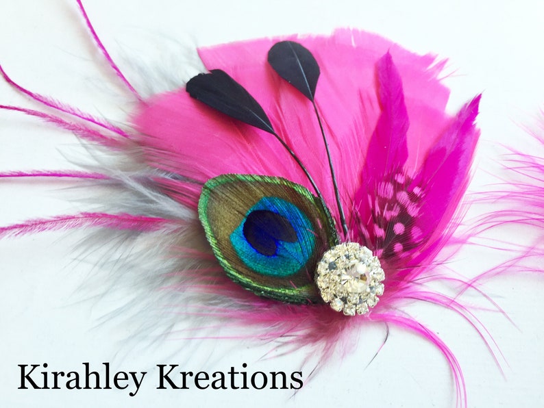 Hot Pink & Black Peacock Corsage Wedding Feather Hair Clip Bride Fuchsia Fascinator Groom Boutonniere Great Gatsby Prom Headpiece image 7