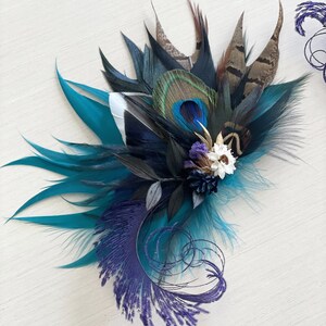 Mallard, Peacock Feather, Dried Flower Hair Clip Teal Blue Black, Purple Hairpiece Jewel Tone Wedding Corsage Rustic Groom Boutonniere image 8