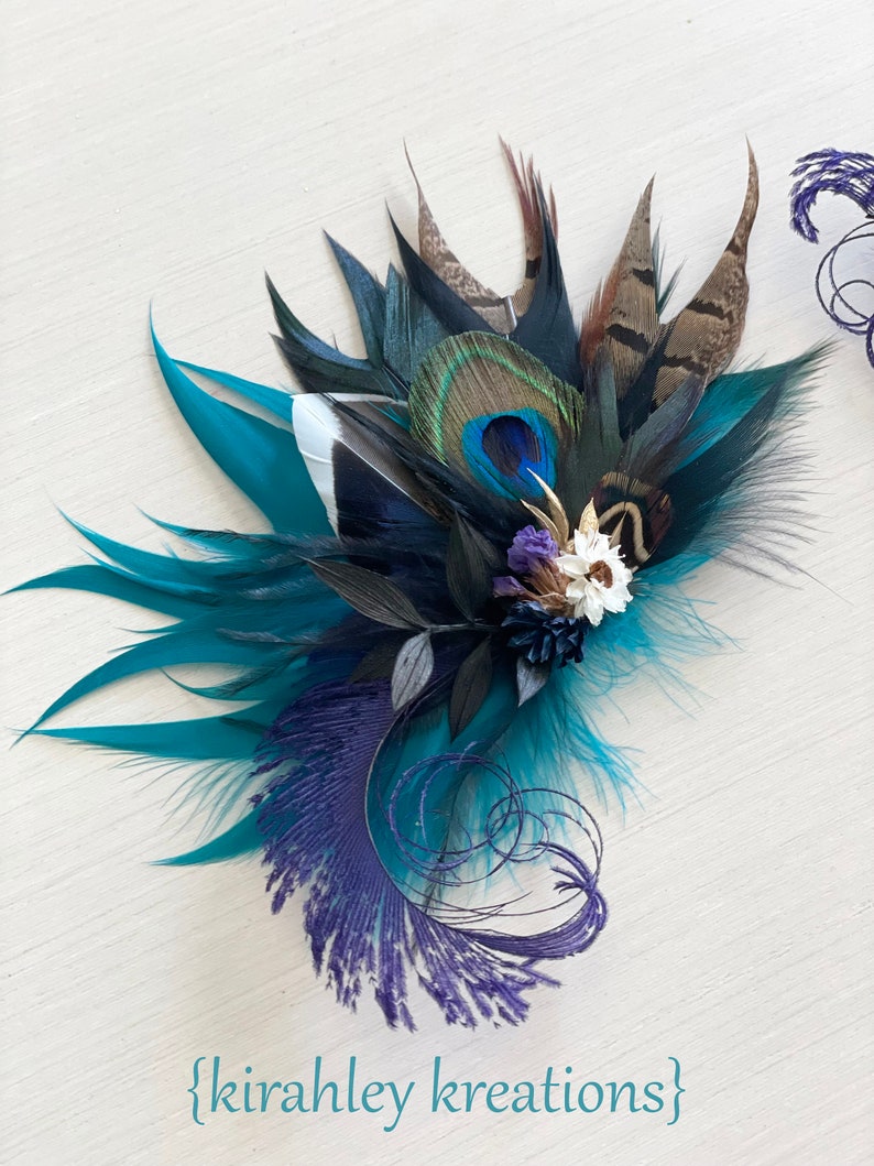 Mallard, Peacock Feather, Dried Flower Hair Clip Teal Blue Black, Purple Hairpiece Jewel Tone Wedding Corsage Rustic Groom Boutonniere image 8