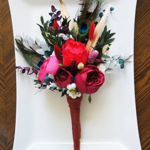 Wedding Bouquets Red Fuchsia Maroon Flowers Dried Flower Eucalyptus Bouquet Peacock, Gold Feather Bouquet Bridal Bridesmaid Flowers image 4