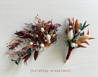 Fall Flower Comb & Boutonniere | Rust Orange Burgundy Red Gold Ivory | Rustic Boho Wedding | Bride Groom Set | Thistle Bunny Tail Eucalyptus