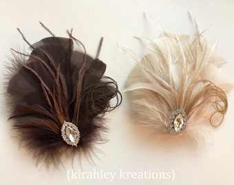 Nude + Brown Feather Hair Clip | Great Gatsby Bridal Hairpiece | Bride Champagne Fascinator | Pearl Rhinestone Bridesmaid Comb EVANGELINE