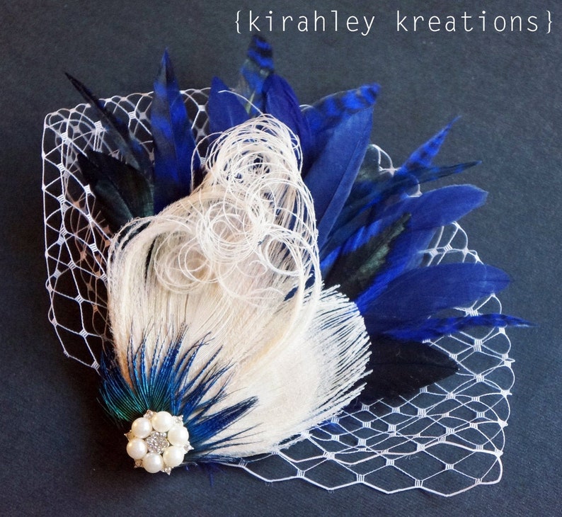 Navy Blue Peacock Feather Clip Gatsby Wedding Fascinator Ivory Pearl Bridal Hairpiece Rhinestone Bride Headpiece Birdcage Veiling image 1