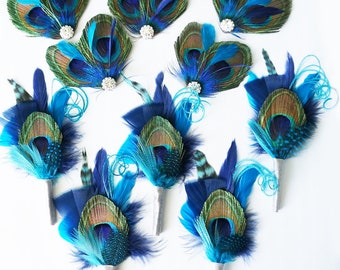 Navy Teal Peacock Feather Hair Clip | Bride Gatsby Wedding Headpiece | Turquoise Hairpiece | Blue Fascinator | Prom Corsage and Boutonniere