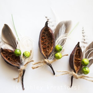 Rustic Seed Pod Boutonniere | Natural Groom Wedding Lapel Pin | Brown Duck Ivory Peacock Feather Corsage | Green Berry, Forest Bottle Tree