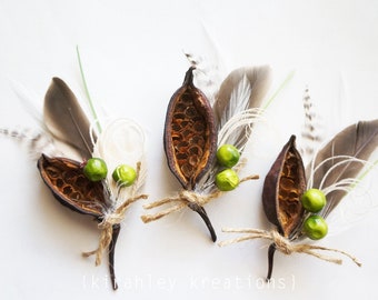 Rustic Seed Pod Boutonniere | Natural Groom Wedding Lapel Pin | Brown Duck Ivory Peacock Feather Corsage | Green Berry & Bottle Tree ARCHER