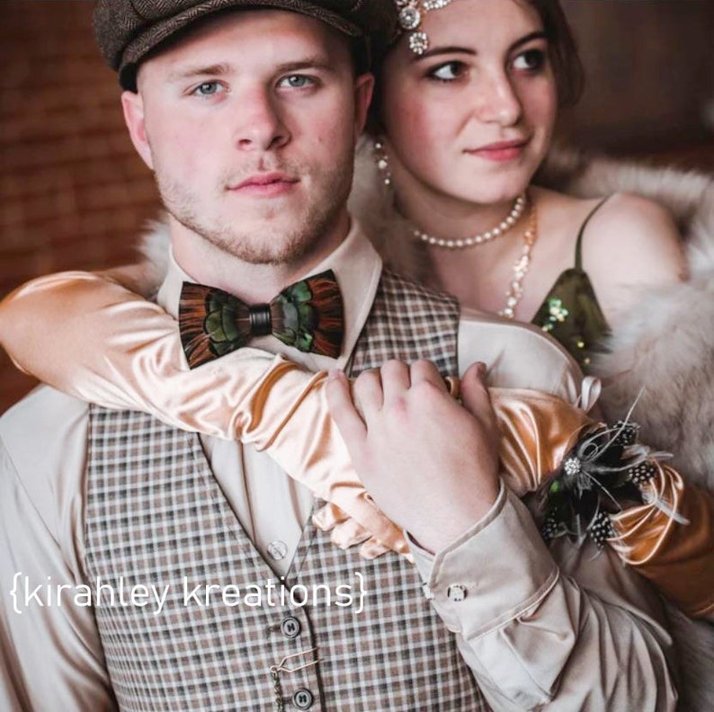 Pince à cheveux vert émeraude Mariage rustique Postiche en plumes de canard colvert Tan Corsage de poignet Guinée et Lady Amherst Boutonnière du marié image 2