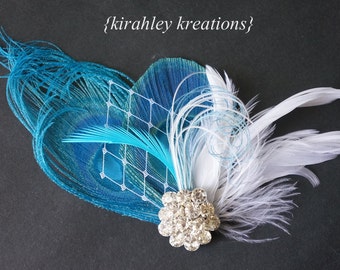 Turquoise Peacock Feather Hair Clip | Malibu Blue Bridal Wedding Fascinator | Teal Bridesmaid Headpiece | Prom Dance Corsage Rhinestone Veil