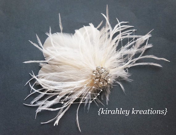 White Feather Fascinator Hair Clip. Ostrich feathers. Bridal wedding. Ivory Peacock Feather Hair Clip | Great Gatsby Wedding  main image 4