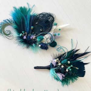 Plume de paon noire barrette fleur séchée Postiche bleu marine, vert foncé, violet Corsage de mariage couleur bijou Boutonnière du marié image 5