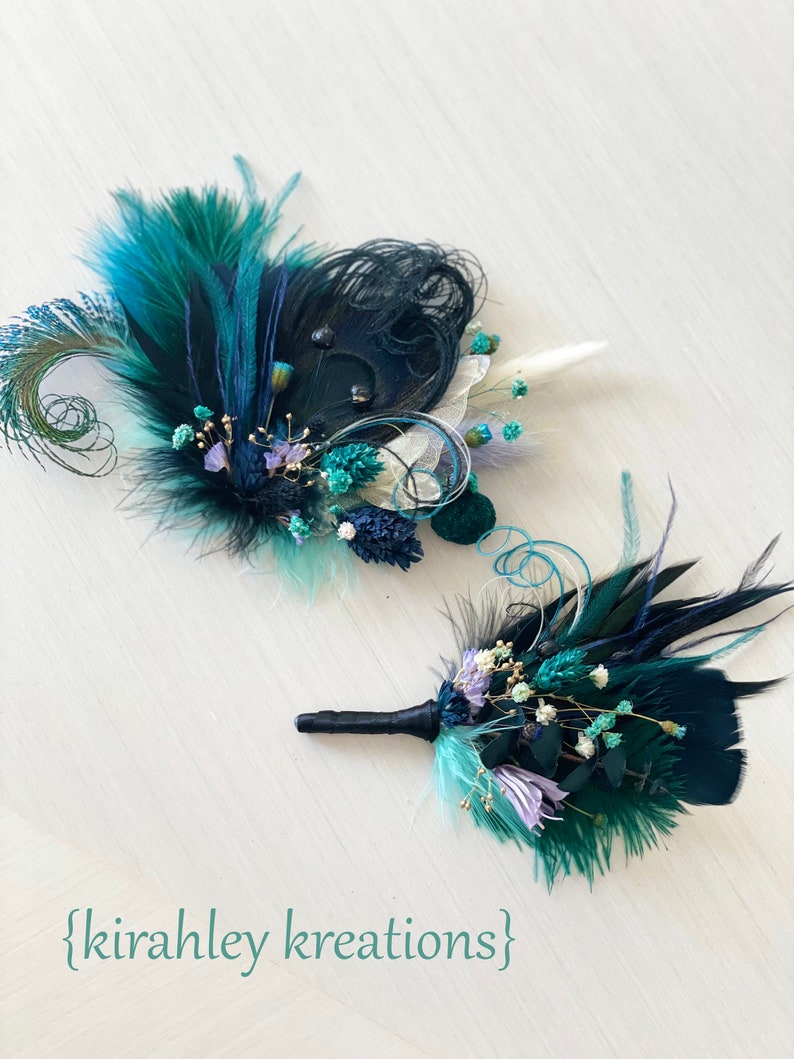 Plume de paon noire barrette fleur séchée Postiche bleu marine, vert foncé, violet Corsage de mariage couleur bijou Boutonnière du marié image 5