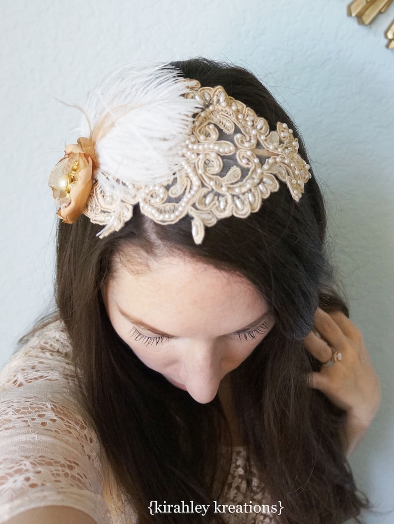 Gold Vintage Pearl Great Gatsby Headband SHIP READY Ostrich Feather Taupe Beige Lace Leaf Applique Wedding Bride Bridal Headpiece Crown