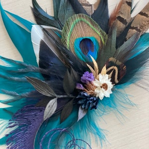 Mallard, Peacock Feather, Dried Flower Hair Clip Teal Blue Black, Purple Hairpiece Jewel Tone Wedding Corsage Rustic Groom Boutonniere image 4