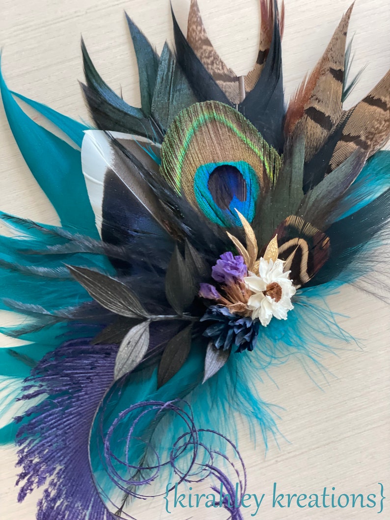 Mallard, Peacock Feather, Dried Flower Hair Clip Teal Blue Black, Purple Hairpiece Jewel Tone Wedding Corsage Rustic Groom Boutonniere image 4
