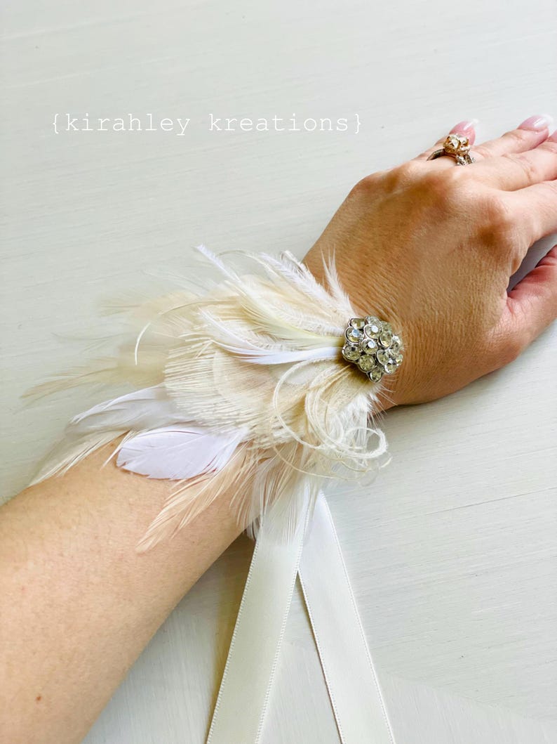 Pinza para el pelo con plumas de pavo real color marfil / Tocado de novia estilo Gran Gatsby / Postizo de novia blanco / Ramillete de muñeca color champán para graduación / Peineta de boda estilo bohemio imagen 18